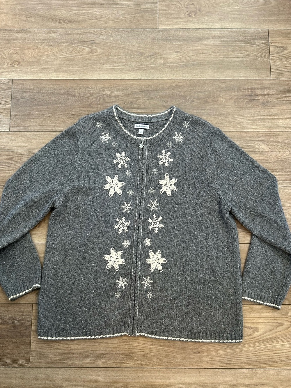 Vintage Croft & Barrow 1X Gray Snowflake Silk Ramie Zip Cardigan